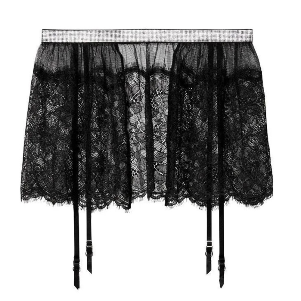 NWT Victoria's Secret Shine Lace Garter Skirt, XS/S in BLACK